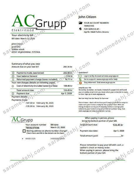 Estonia AC Grupp OÜ electricity utility bill template in Word and PDF format